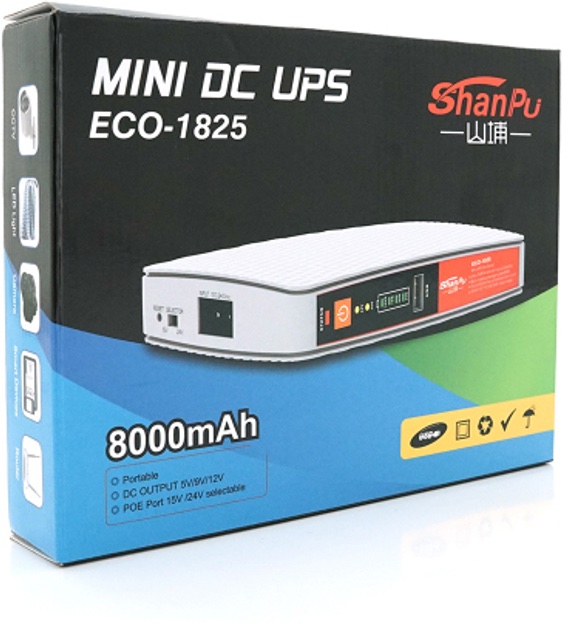 ДБЖ/UPS для роутерів/комутаторів ShanPu ECO-1825 18W OUT:USB-5V DC-5V/9/12V POE-15/24V, 1/2A LiFePo4 8000mAh
